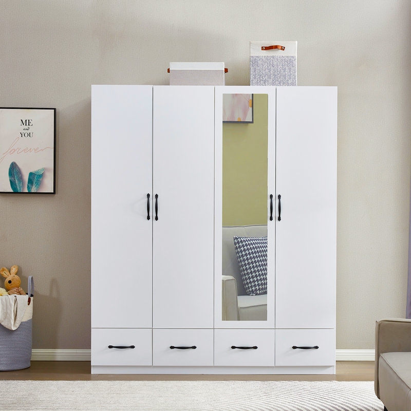 Brasia Solid Wood Wardrobe Closet With Mirror 2 Hanging Rods and 4 Drawers